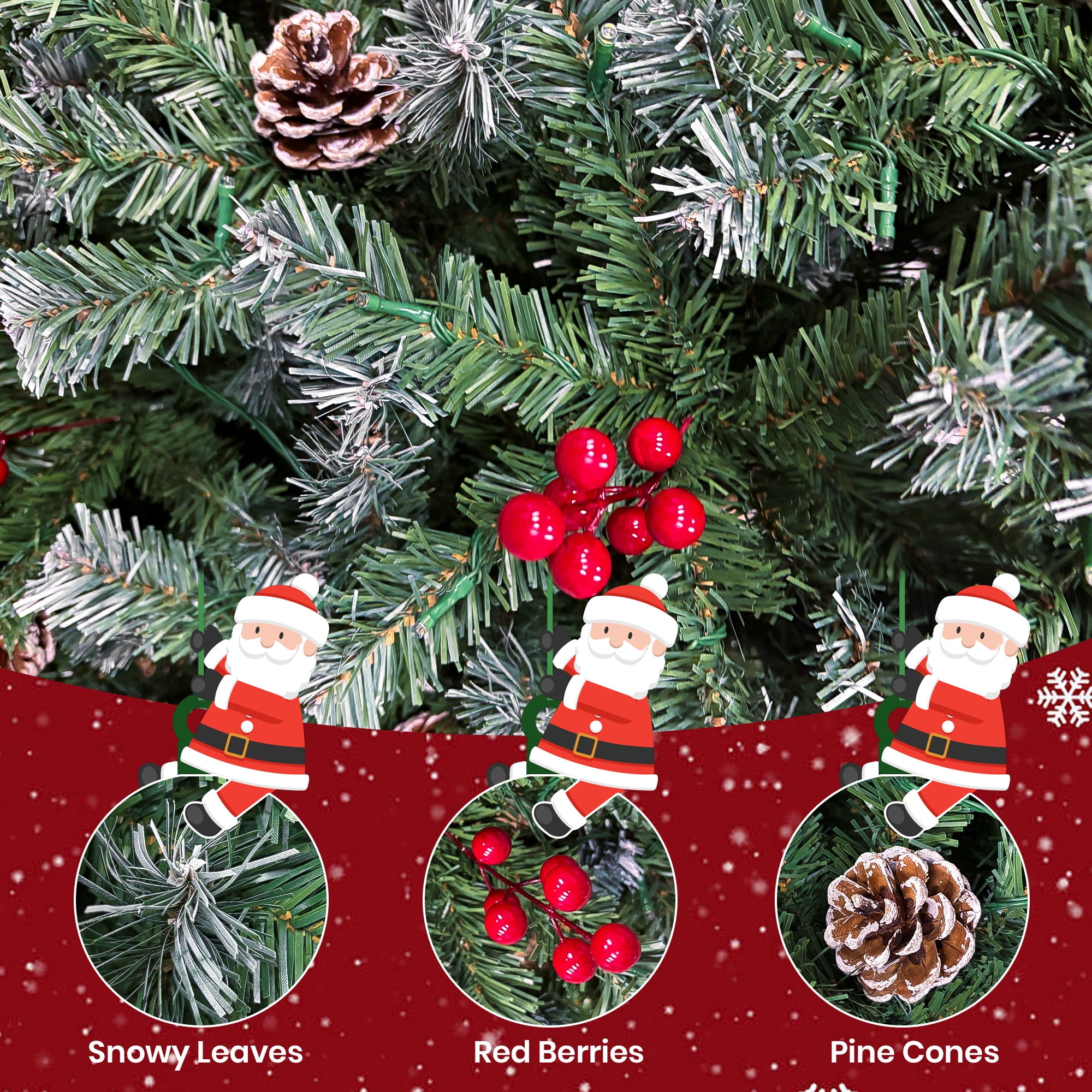 GVDV 6FT Pre-Lit Berry Christmas Tree, Artificial Snowflake Christmas Tree with 300LED Warm White Lights, Pine Cones & Top Star, Xmas Holiday Decor, Metal Hinges Easy Assembly