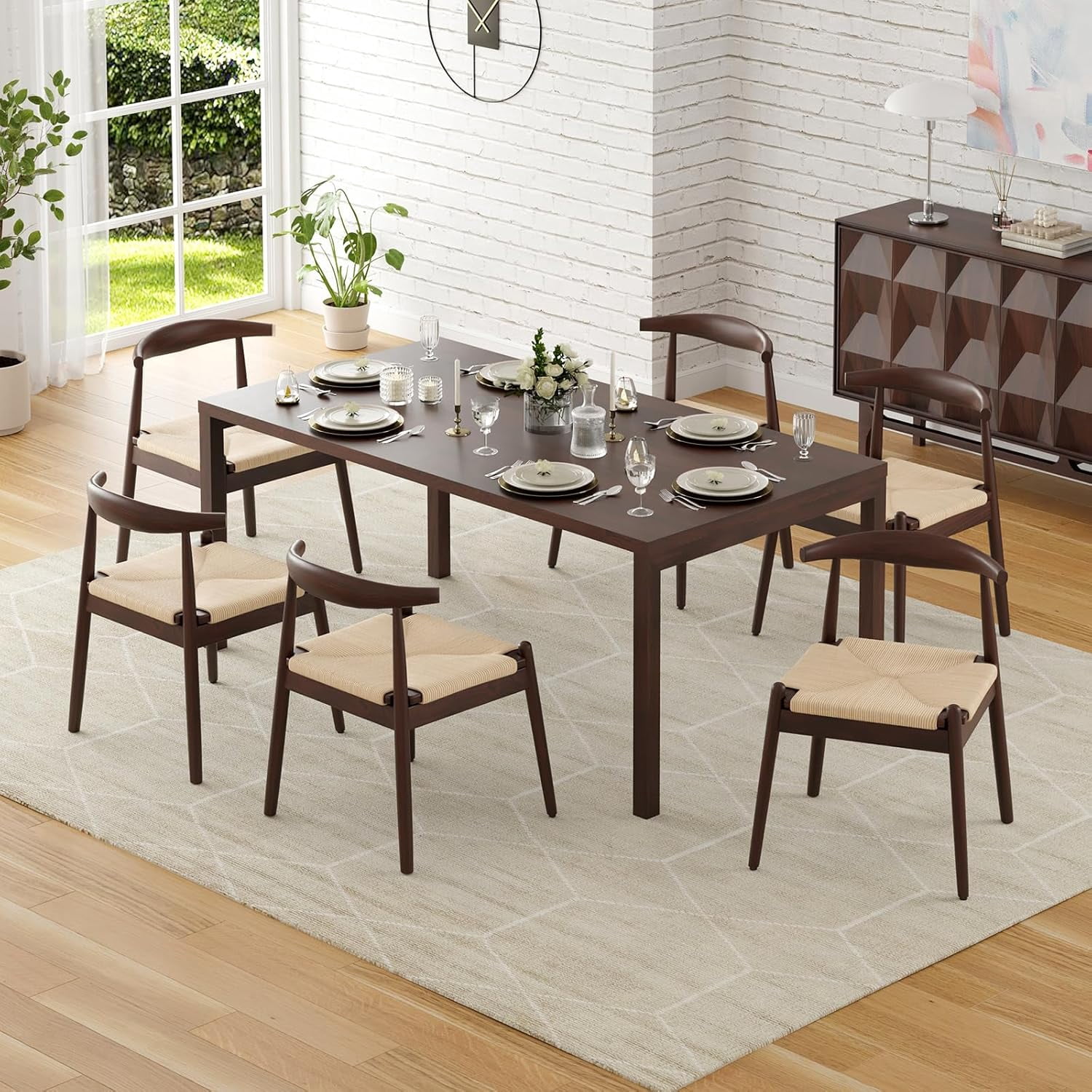 Farini Mid-Century Dining Chairs Set of 4, Solid Wood Frame & Woven Leather Seats, Latte-Beige