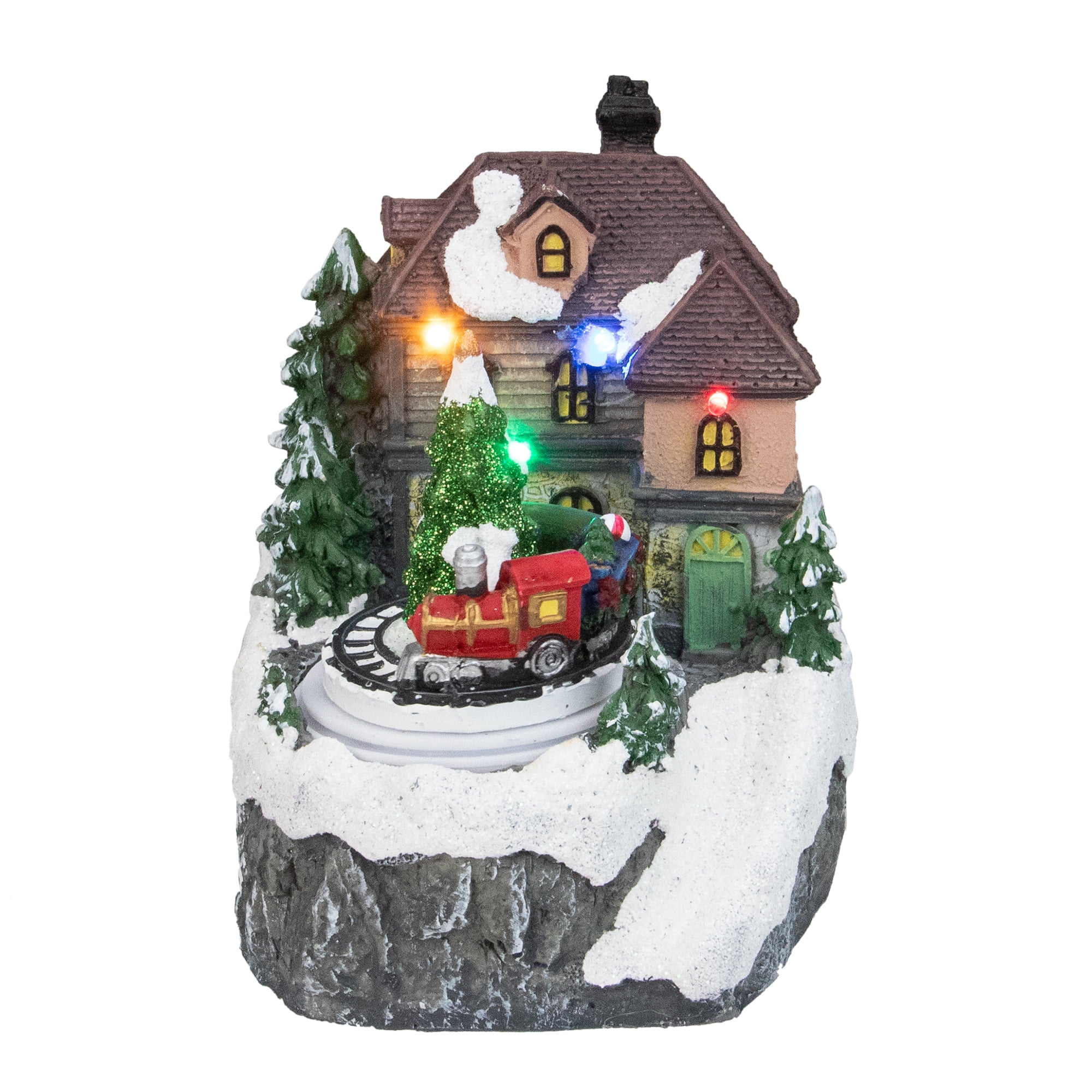 5.5" LED Lighted Mansion with Rotating Tree and Train Christmas Village