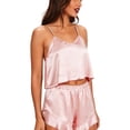thumbnail image 7 of Yourumao Satin Pajama Set for Women Two Piece Crop Camisole Tops and Ruffle Hem Shorts Silky Pajama Sets Solid Silk Pjs for Loungewear, 7 of 7