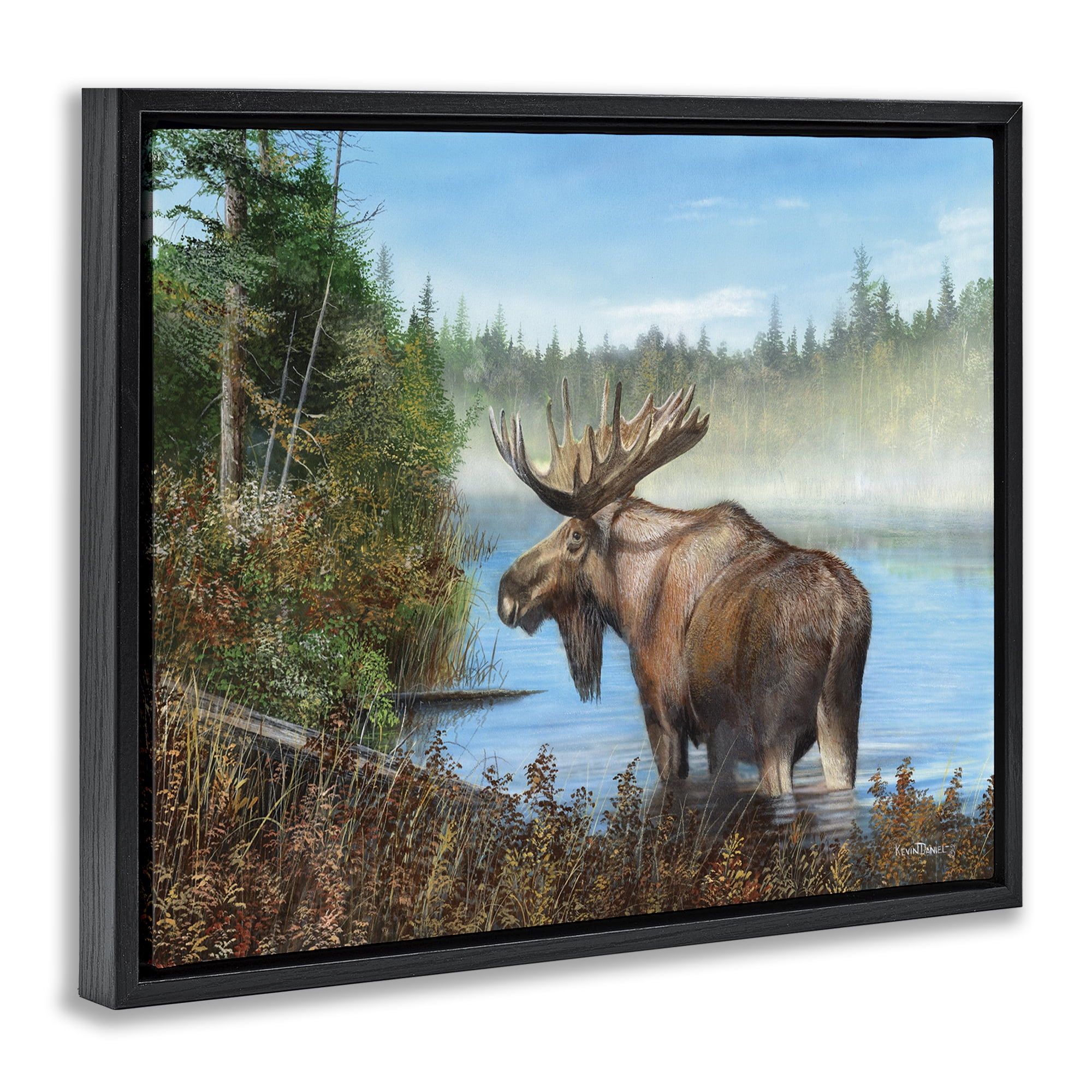 Stupell Industries Rustic Moose Wading in Shore Landscape & Nature Painting Black Floater Framed Canvas Art Print Wall Art, 21 x 17