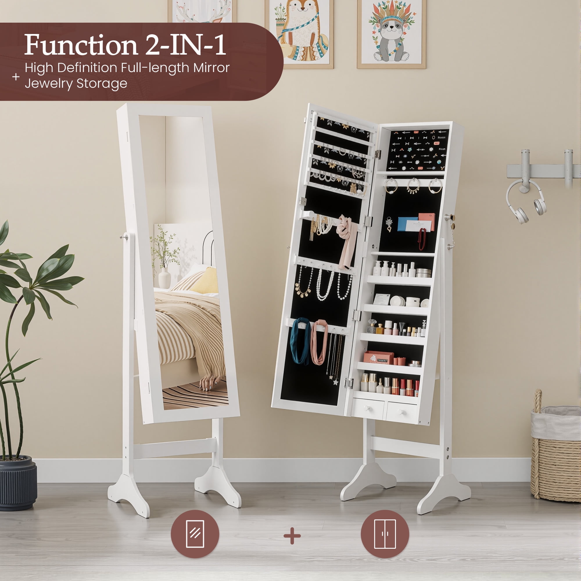EDX Freestanding Full-Length Mirror Jewelry Cabinet, 3 Angle Adjustable Large Jewelry Armoire Organizer with Makeup Storage, White