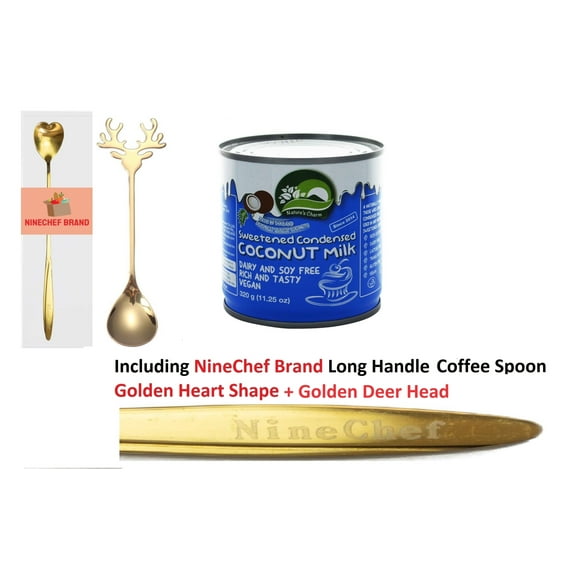 NineChef Bundle - Nature Charm Sweetened Condensed Coconut Milk 11.25 Ounce   2 NineChef Brand Long Handle Spoon (Golden Heart and Deer Head)