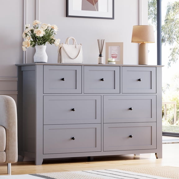 7 Chest of Drawer Dresser, Modern Wood Storage Organizer Cabinet with Drawers for Bedroom, Living Room, Entryway, Grey