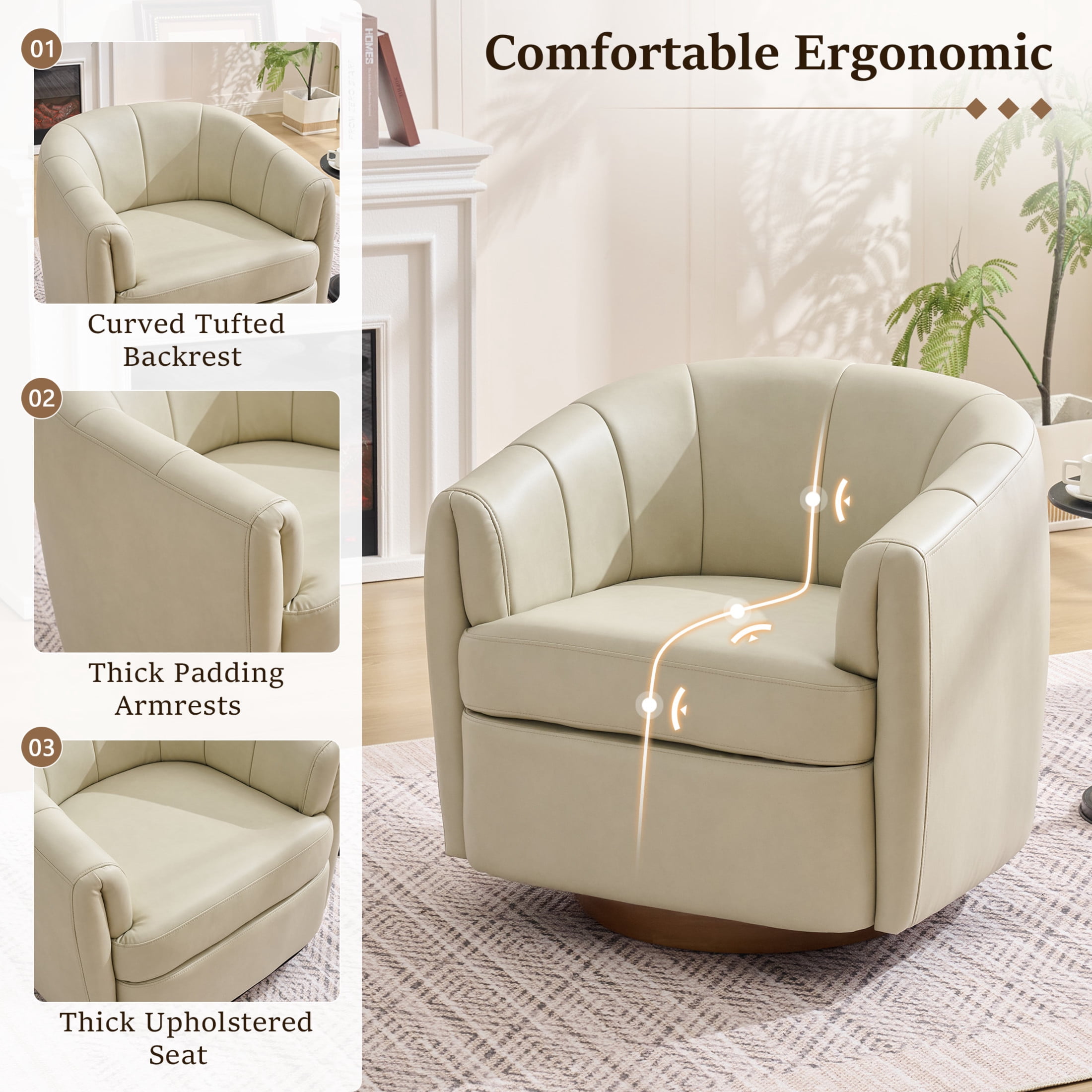 Noble House Swivel Accent Chair with Solid Wood Base, PU Leather Upholstered Armchair for Living Room, Cream