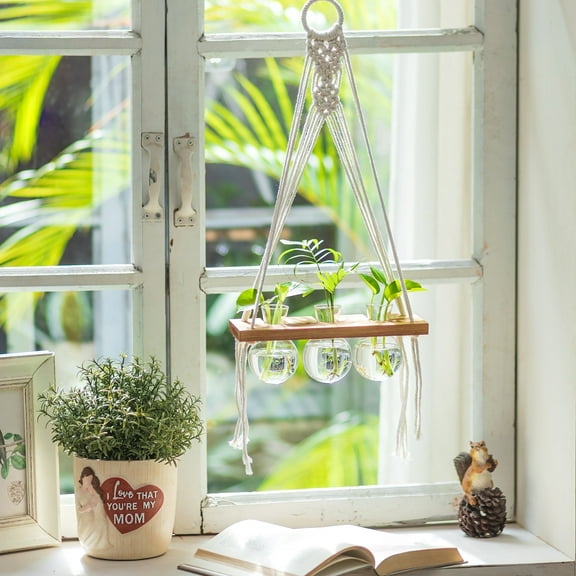 Glasseam Macrame Hanging Propagation Station with 3 Glass Globes: Boho Wall Terrarium Vase for Hydroponic Window Plants Ideal Gift for Plant Lovers Home Decor Woman Mom Beginner
