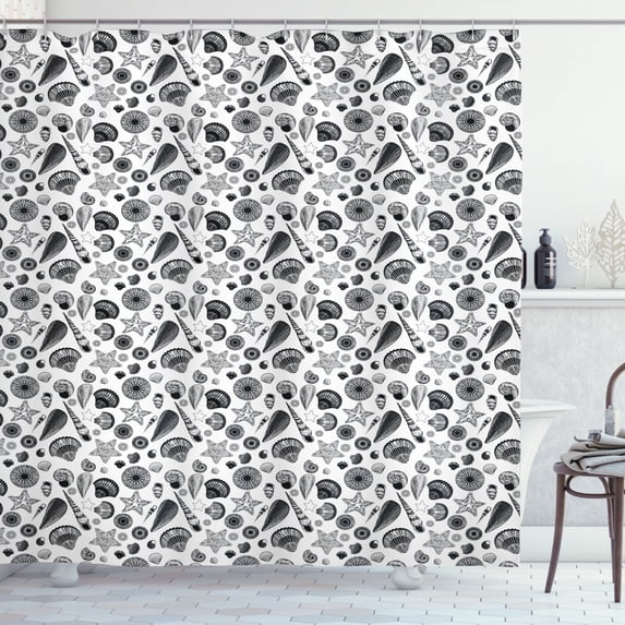 Shells Shower Curtain, Black and White Design Hand Drawn Hatched Figures of Underwater Habitants, Fabric Bathroom Set with Hooks, 69W X 75L Inches Long, Black and White, by Ambesonne