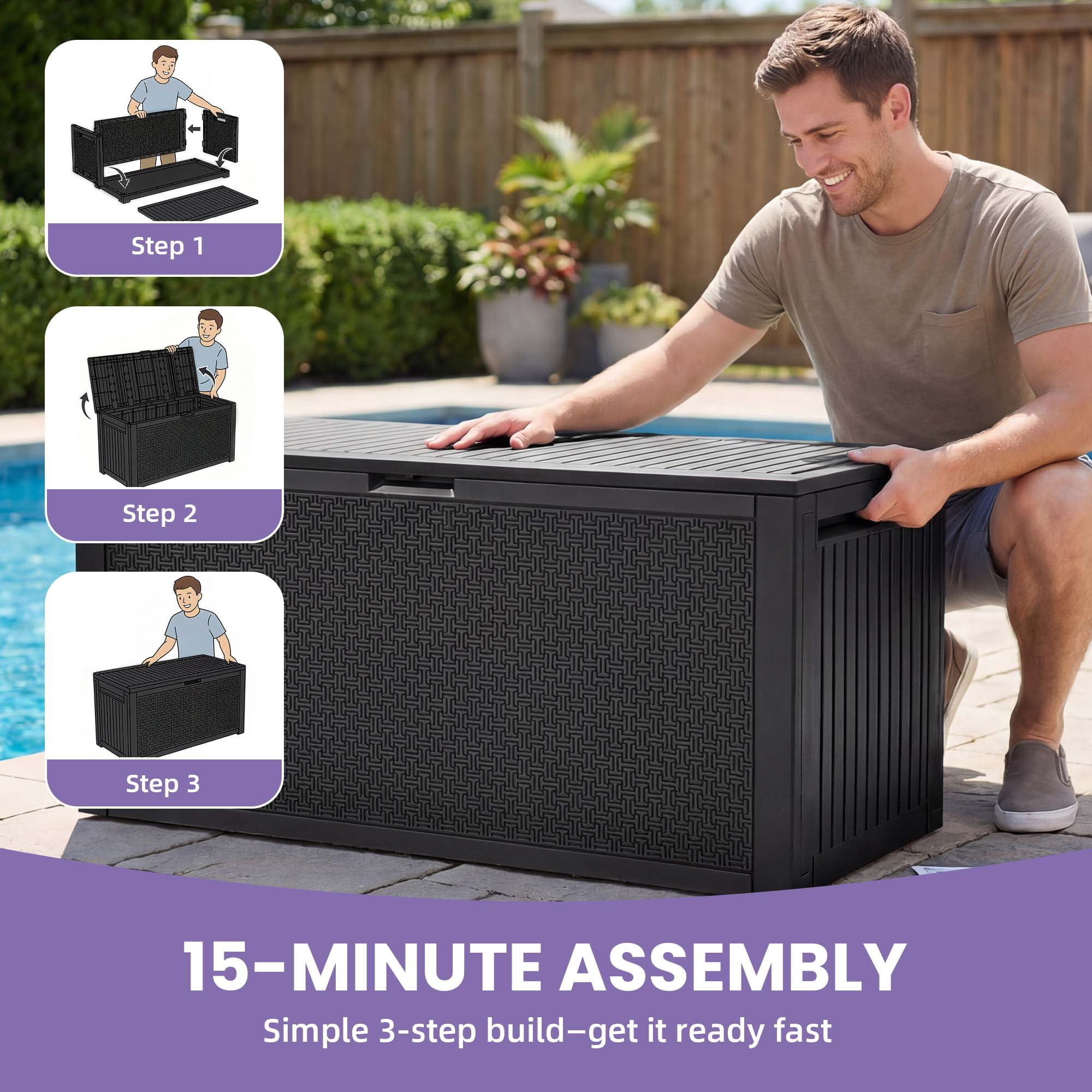 Uforic 90 Gallon Resin Outdoor Deck Box, Waterproof UV Resistant Lockable Storage Box with Handles, Black