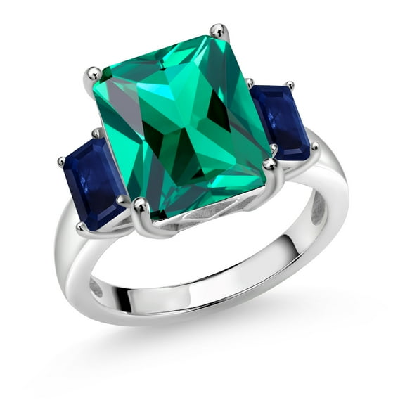 Gem Stone King 6.71 Ct Emerald Cut Green Nano Emerald Blue Sapphire 925 Sterling Silver 3-Stone Ring (Size 8)