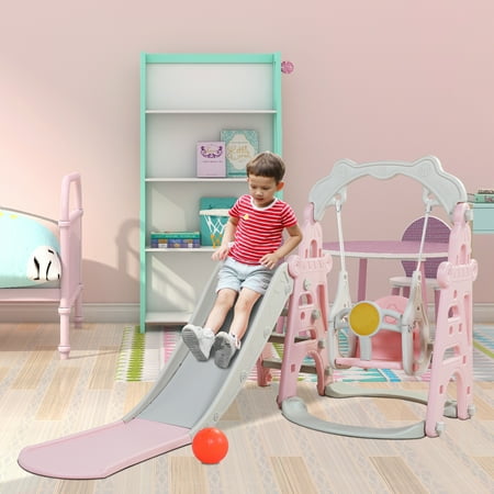 Kids Swing and Slide Set 3-in-1 Slide with Basketball Hoop for Indoor and Outdoor Activity Center, Pink+Gray