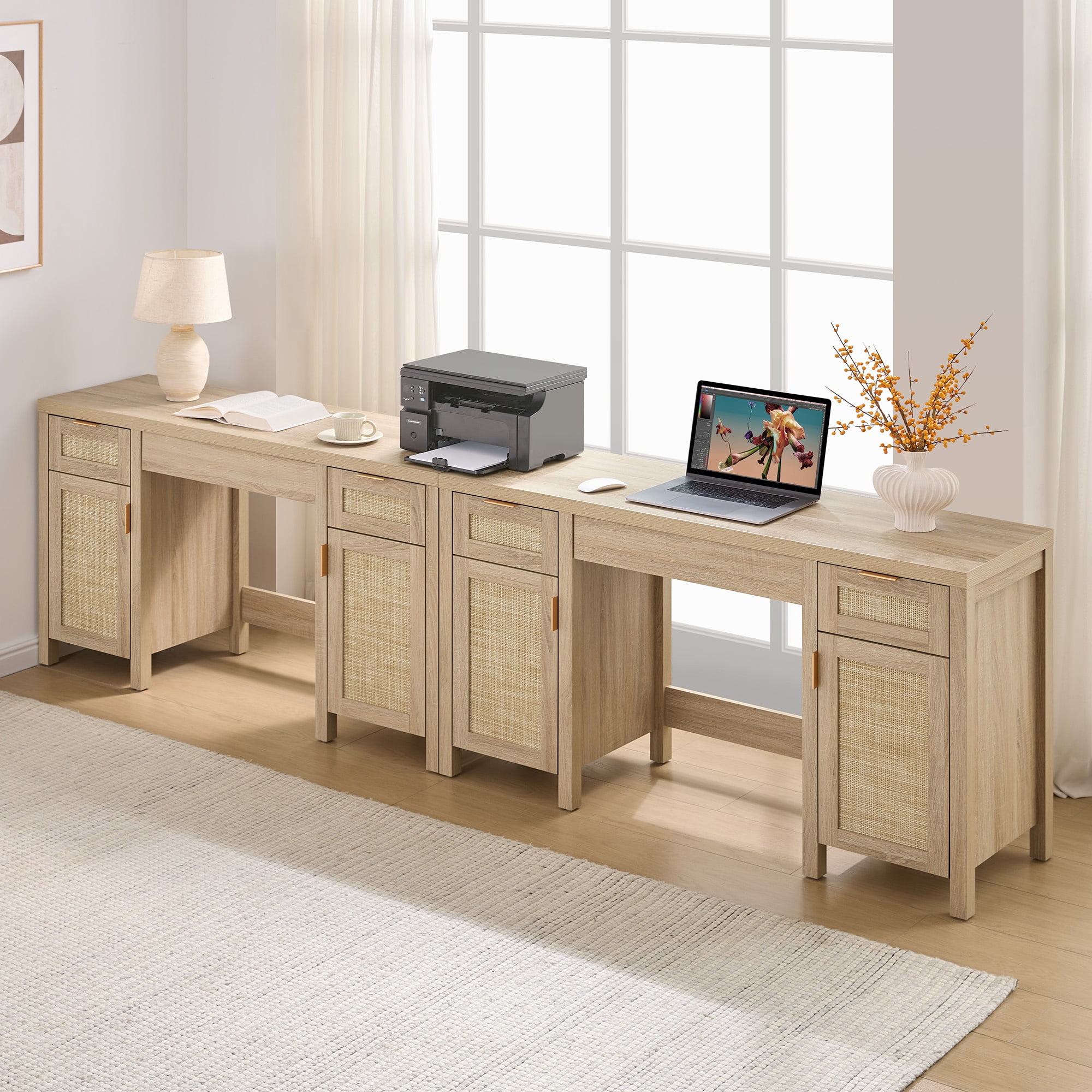 SICOTAS Boho Vanity Desk with 3 Drawers & 2 Storage Cabinets, 52" Rattan Makeup Desk with Adjustable Shelves, Farmhouse Dressing Table for Bedroom, Executive Computer Desk for Home Office, Light Oak