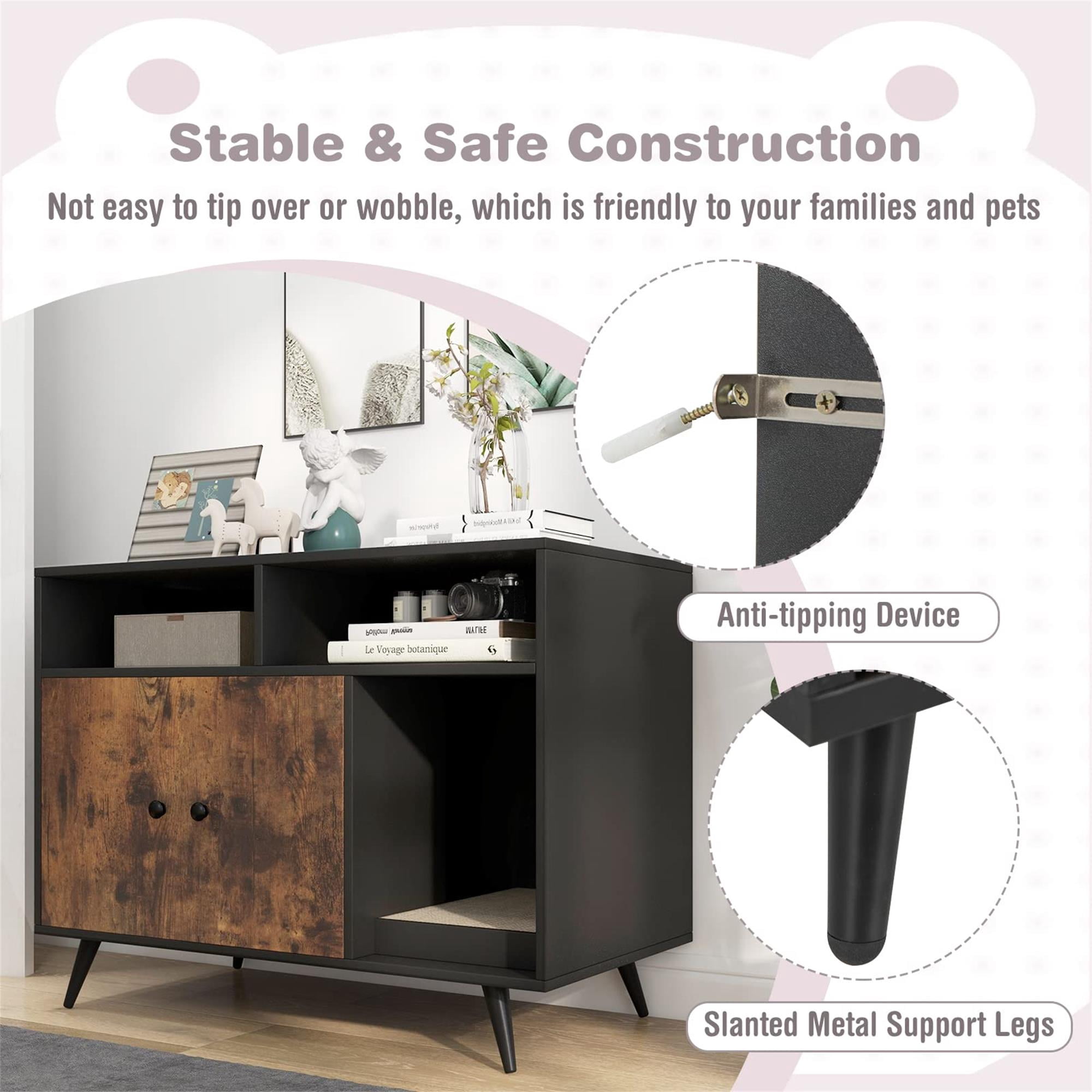 Pefilos 35" Cat Litter Box Enclosure Furniture with Storage Compartments and Scratcher, Wood Enclosed Cat House Condo for Indoor, Black