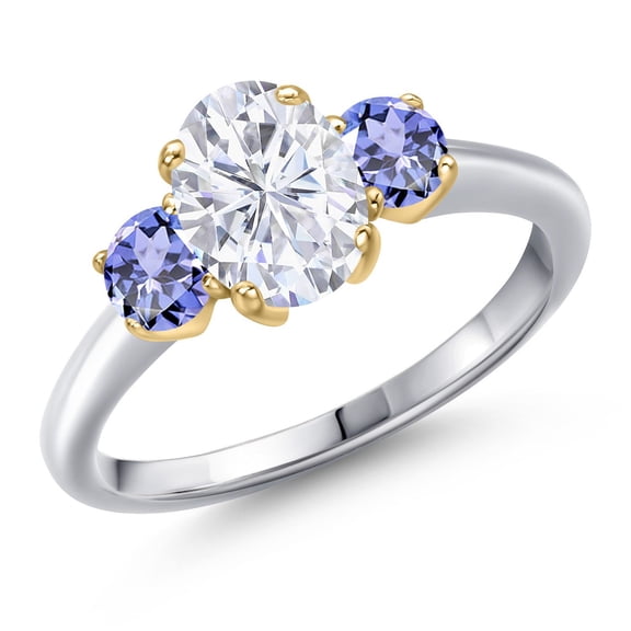 Gem Stone King 925 Silver and 10K Yellow Gold White Moissanite and Blue Tanzanite Engagement Ring for Women | 2.10 Cttw | Oval 8X6MM | Gemstone Birthstone | Size 5