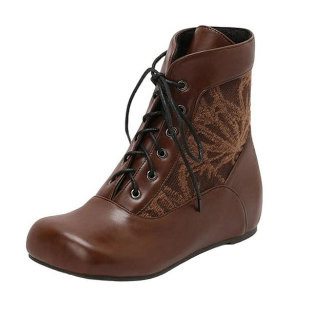 Bottines à Lacets pour Femmes Marron Bout Rond Semelle Plate Mode Décontractée Polyvalente Hiver Confortables Design Épais