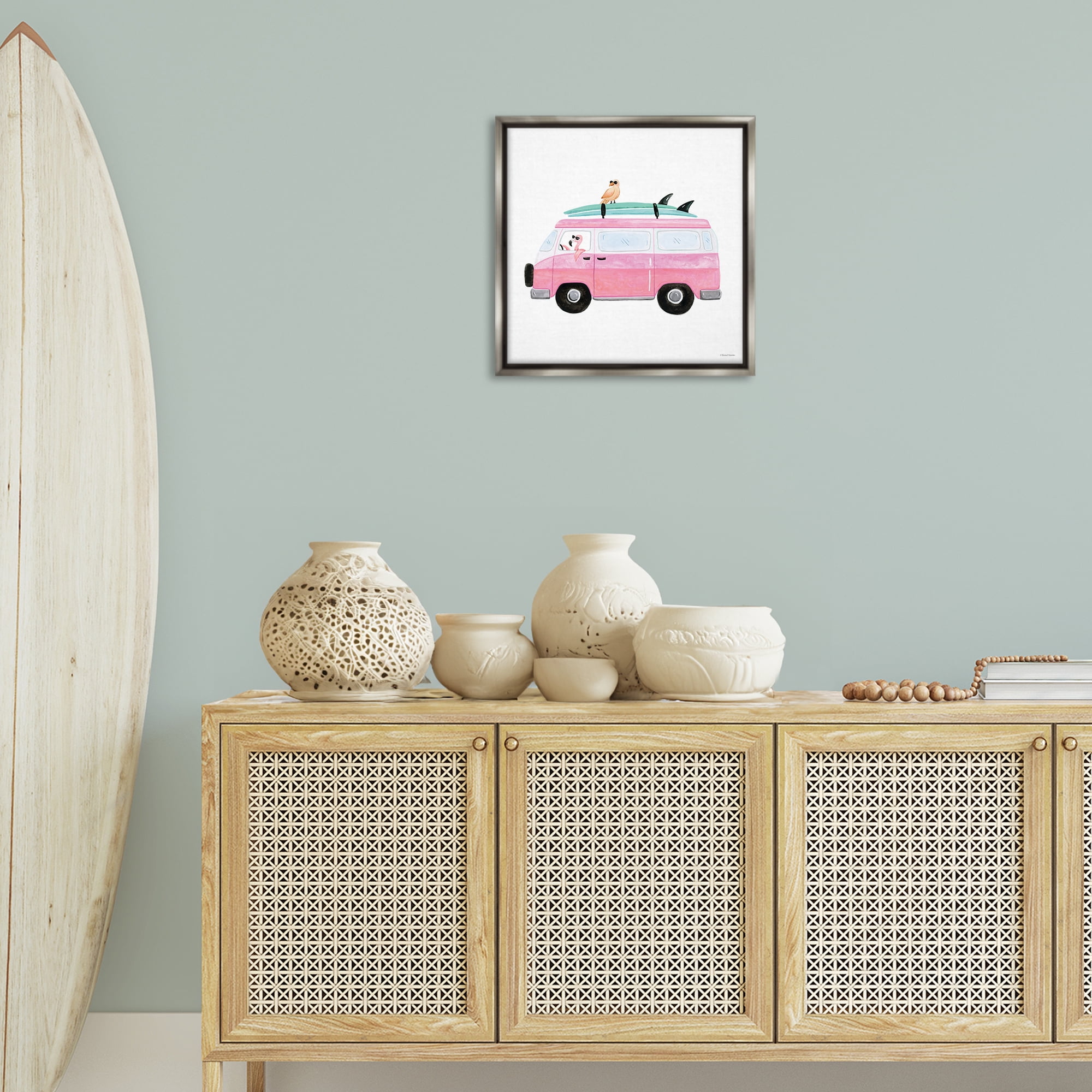 Stupell Industries Summer Birds & Van Transportation Painting Gray Floater Framed Canvas Art Print Wall Art, 18 x 18