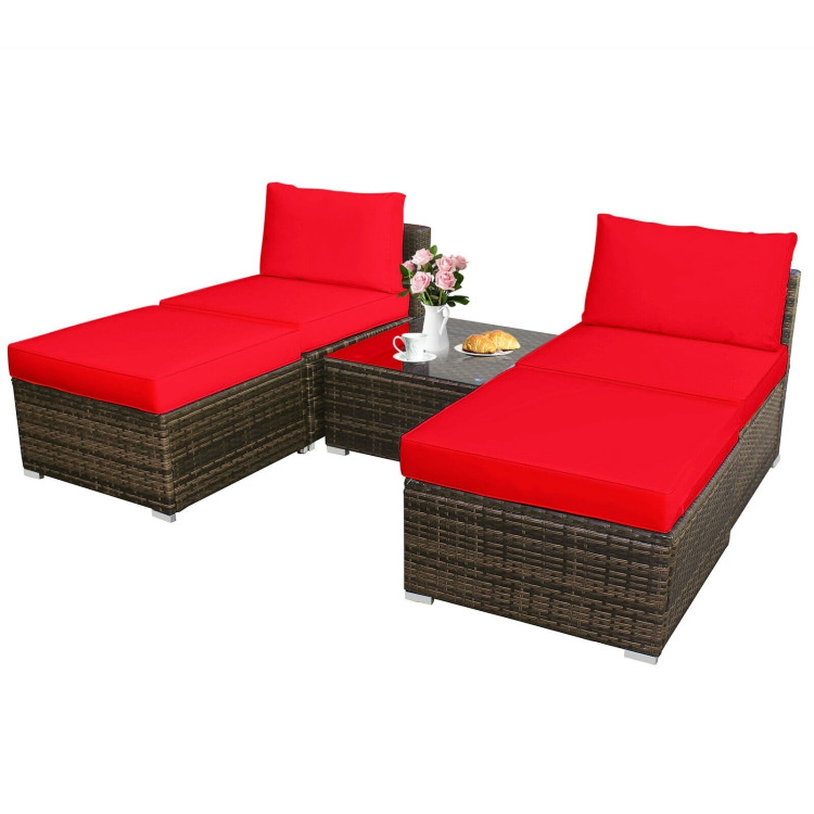 Furnibear 5 Piece Patio Furniture Set Outdoor Wicker Conversation Set with Cushioned Armless Sofas and Coffee Table for Garden Deck, Red