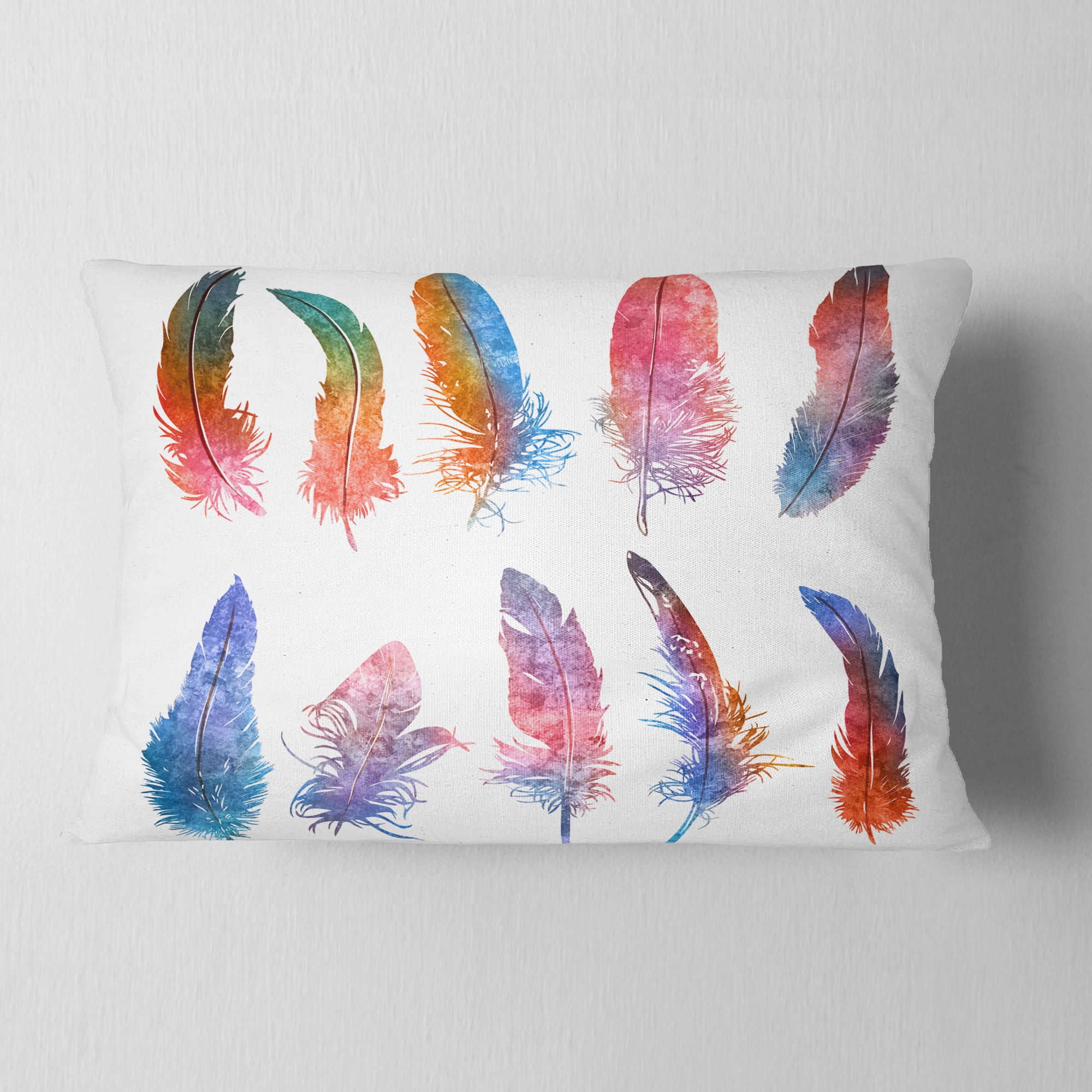Designart Rainbow Feathers - Floral Throw Pillow - 12x20