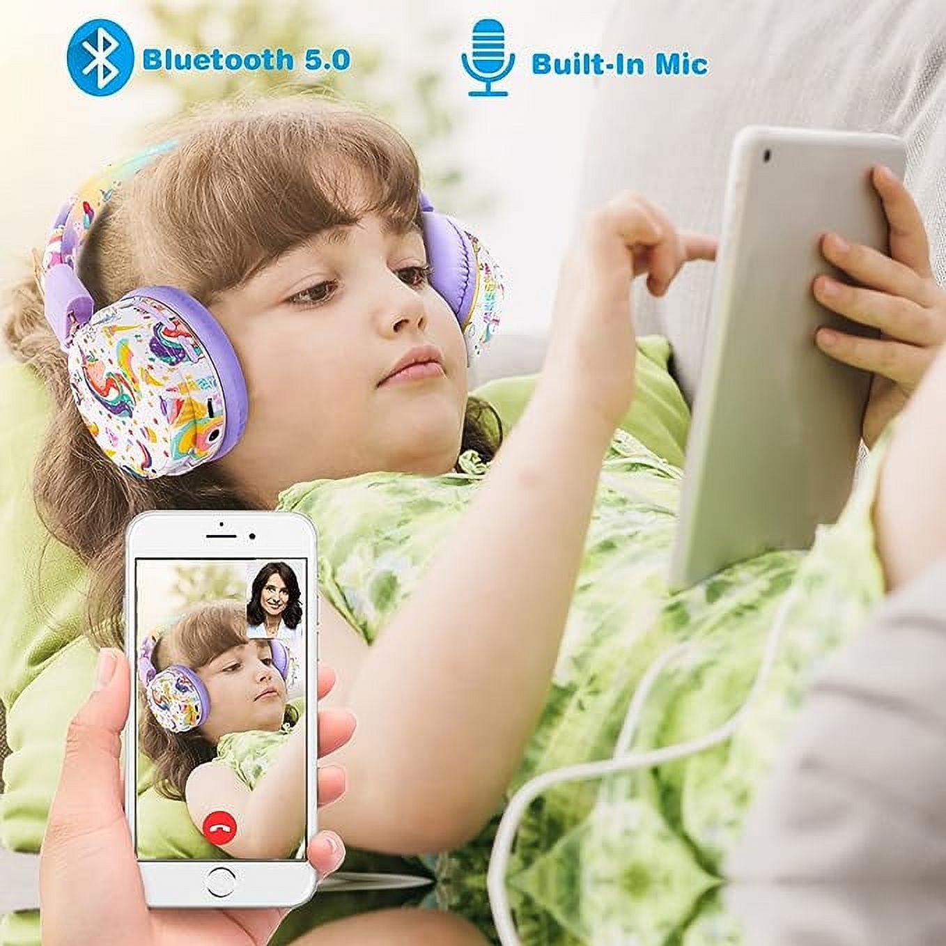 QearFun Unicorn Headphones for Girls Kids for School, Kids Bluetooth Headphones with Microphone & 3.5mm Jack, Teens Toddlers Wireless Headphones with Adjustable Headband for Tablet/PC (Purple)