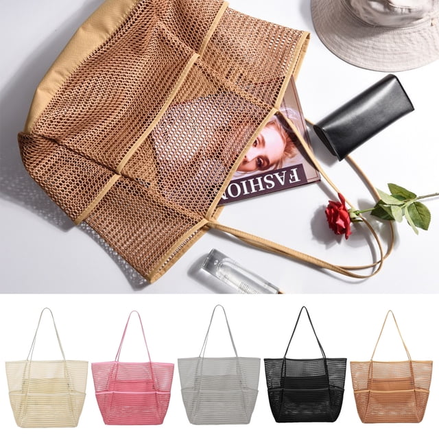 YAOMOBB Shoulder Bag Travel Swimming Mesh Tote Large Capacity Multi Compartments Double Handles Perspective Portable Beach Bag Perfect for Swimming and Beach Activities