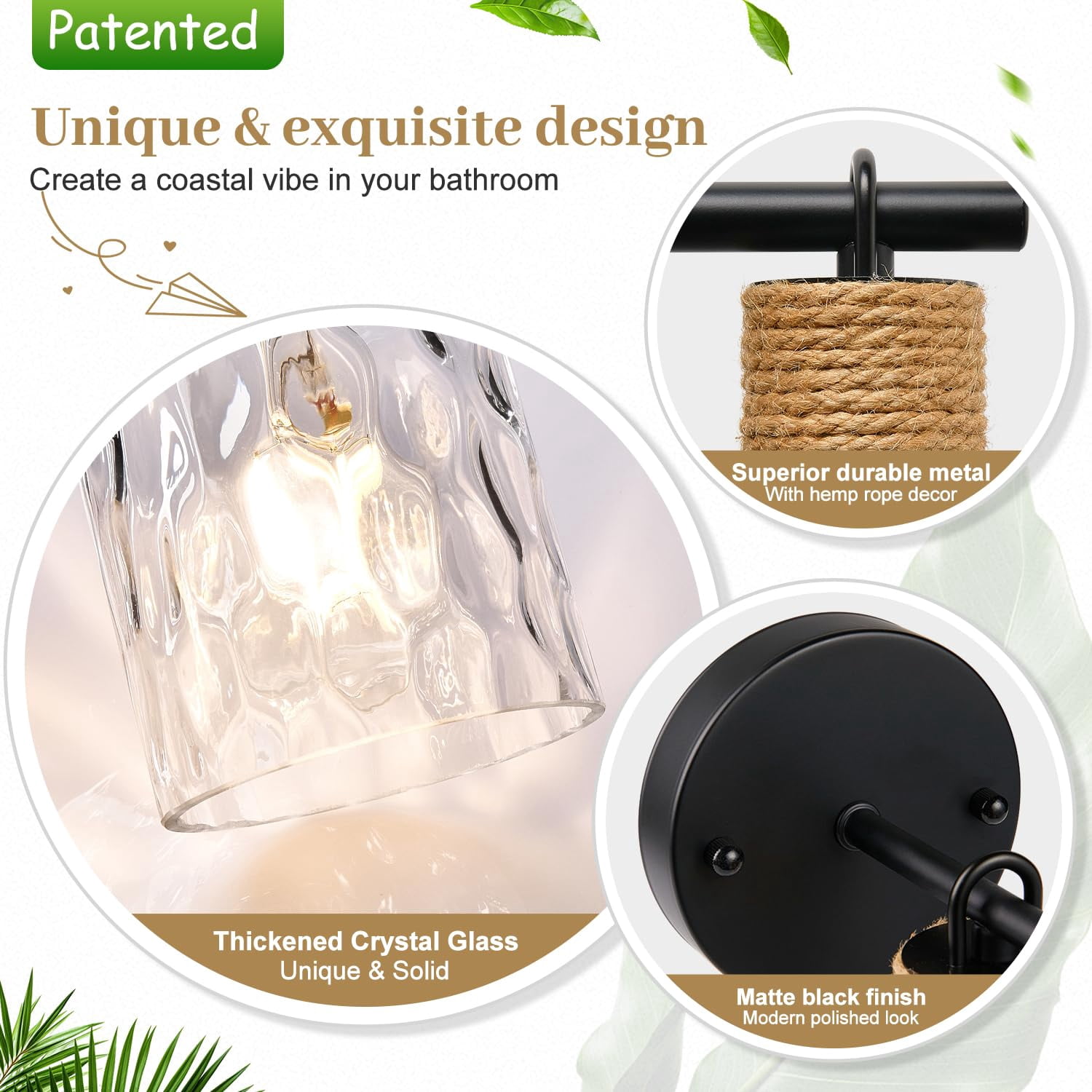 Set Of 2 Wall Sconces For Bathroom  Coastal Modern Vanity Lights With Clear Glass Shade Black Lamp Mirror Kitchen Living Room Hallway Cabinet Porch