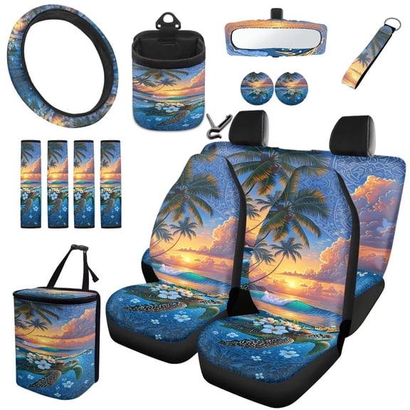 Qpednta 15Pcs Hawaiian Turtle Car Seat Covers Full Set Auto Accessories, Steering Wheel Cover, Seat Belt Covers, Trash Bin, Coasters, Vent Storage, Rear View Mirror Cover, Universal for SUV Sedan