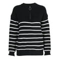 thumbnail image 2 of Women Fall Winter Half Zip Striped Pullover Sweaters Trendy V Neck Oversized Long Sleeve Knit Clothes Black L, 2 of 6