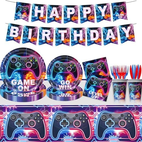 Video Game Birthday Party Decorations, Gamer Birthday Party Decorations Game on Themed Plates Napkins Cups Tablecloth Banner Tableware Sets Party Supplies for Boys, Serve for 20 Guests