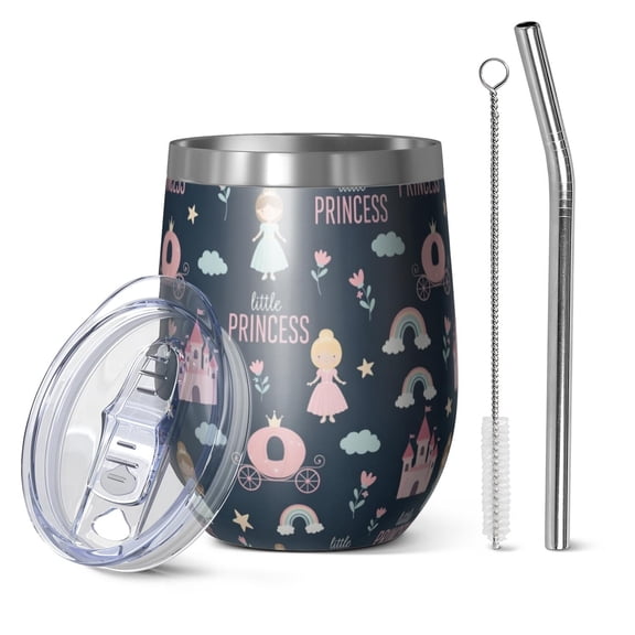 12oz Stemless Wine Tumblers Dark Blue Little Princess Pattern Vacuum Insulated Stainless Steel Travel Tumbler Cups Mug with Lid and Straw for Champaign,Cocktail,Beer with Cleaning Brush