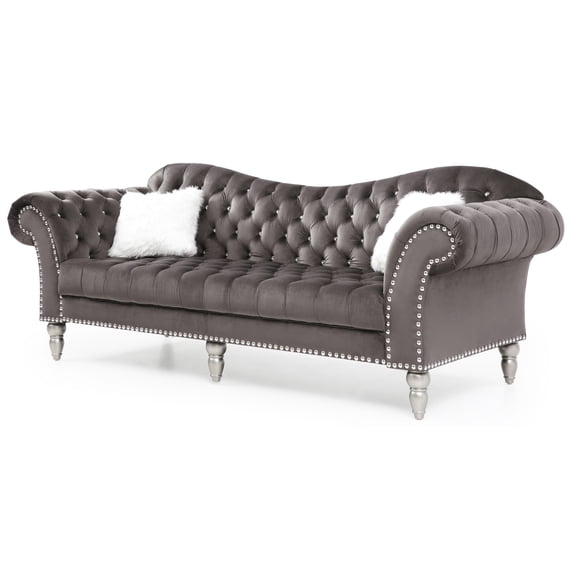 Passion Furniture Wilshire 98 in. Dark Gray Velvet 2-Seater Sofa with 2-Throw Pillow