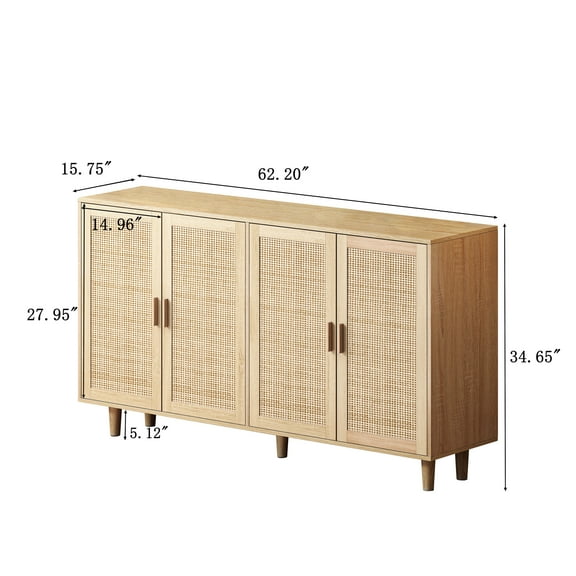Living Room Cabinets 62.20"Elegant and Functional 4-Door Rattan Decorative Storage Cabinet,for Bedroom,Living Room,Office,Easy Assembly(Same SKU:W757133282),Wooden Cabinets