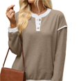 thumbnail image 6 of Wevis Autumn Henley Sweater for Women Color Block Button V-Neck Long Sleeve Knit Pullover Contrast Cuff Loose Daily Tops, 6 of 7
