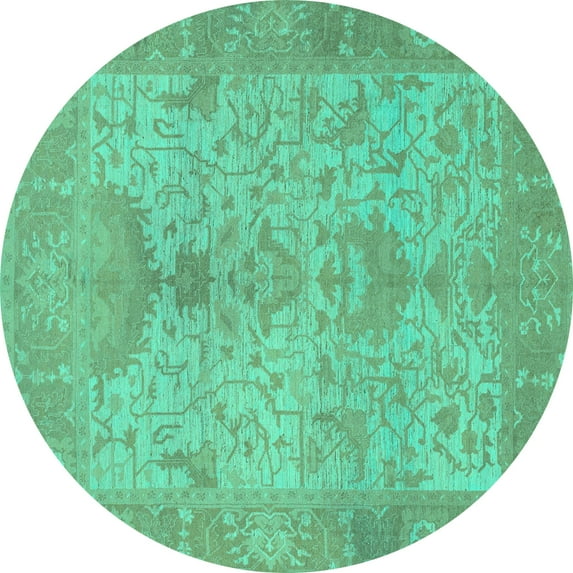 Ahgly Company Machine Washable Indoor Round Oriental Turquoise Blue Traditional Area Rugs, 7' Round