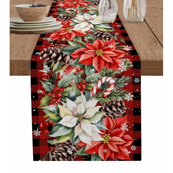Table Runners 48 Inches Long Dress Scarves, Christmas Red Check Farmhouse Kitchen/Dining Table Runner, Short Coffee Tablerunners, Poinsettia Xmas Flower Snowflake Berry 13x48 Inch