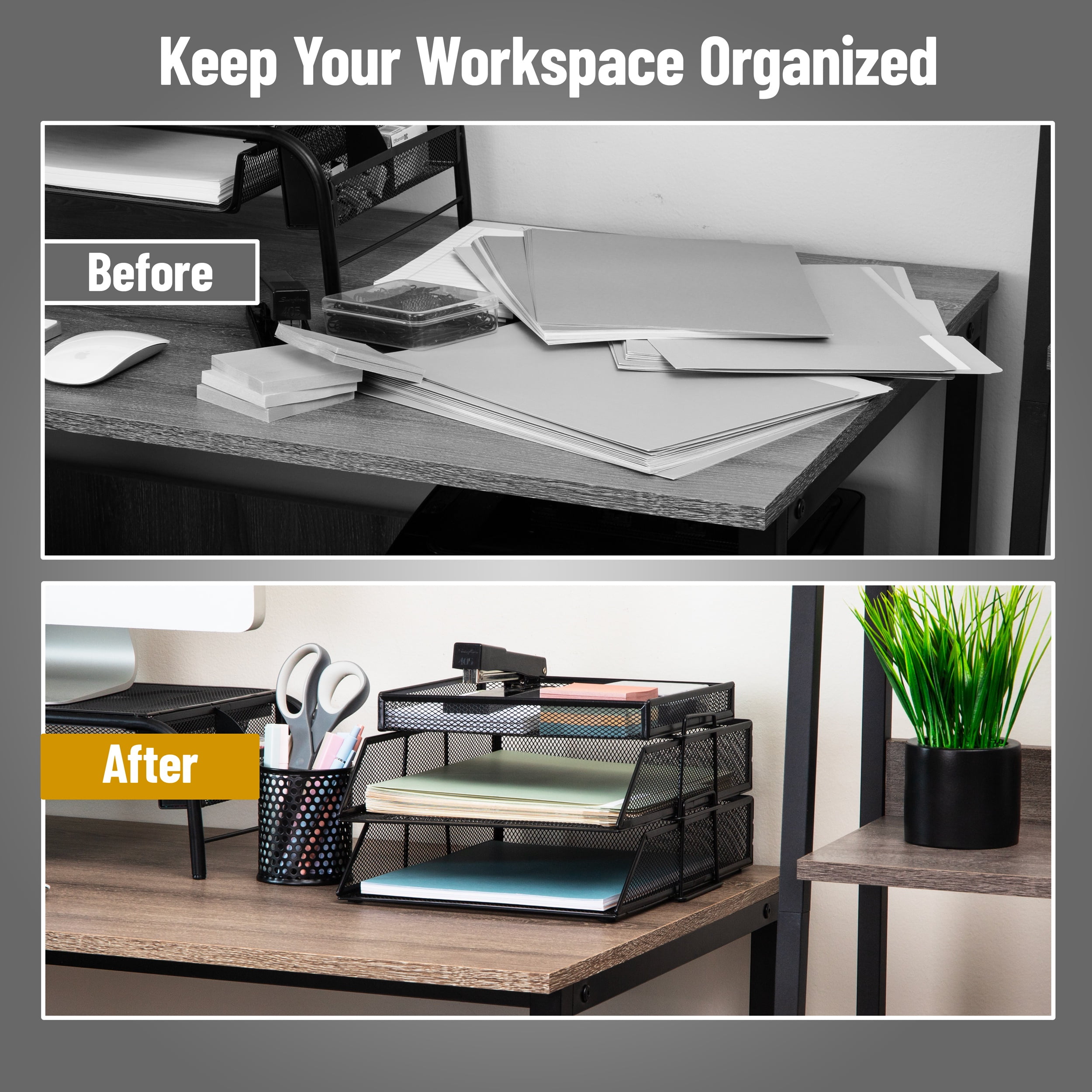 Mind Reader 2 Tier Paper Tray with Top Supply Compartment, Desktop File Organizer, Metal Mesh, Black