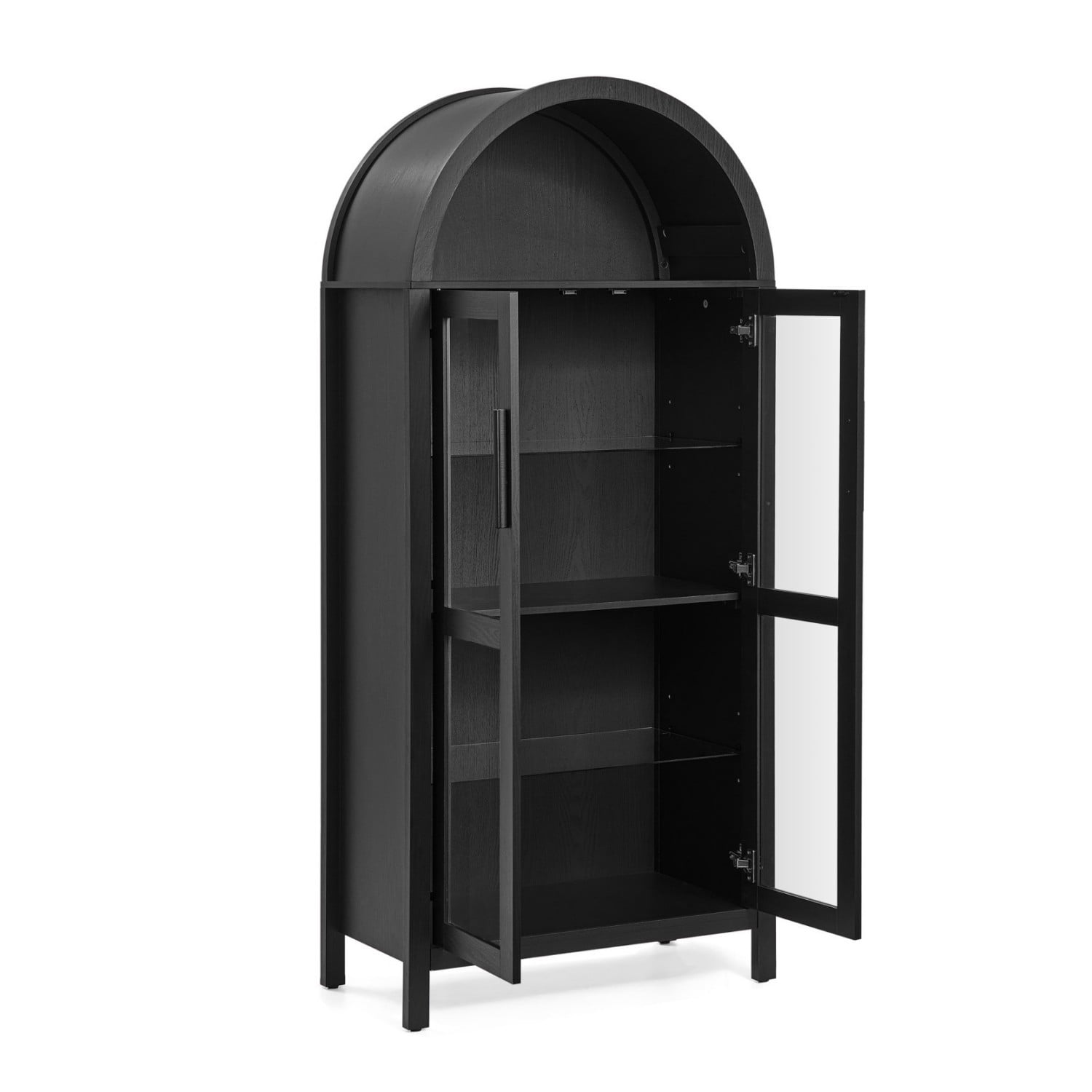 67" Tall Storage Cabinet with LED Light, Arched Top Display Cabinet with Adjustable Glass Shelves and Wooden Doors, Modern Freestanding Storage Cupboard for Kitchen Living Room, Black