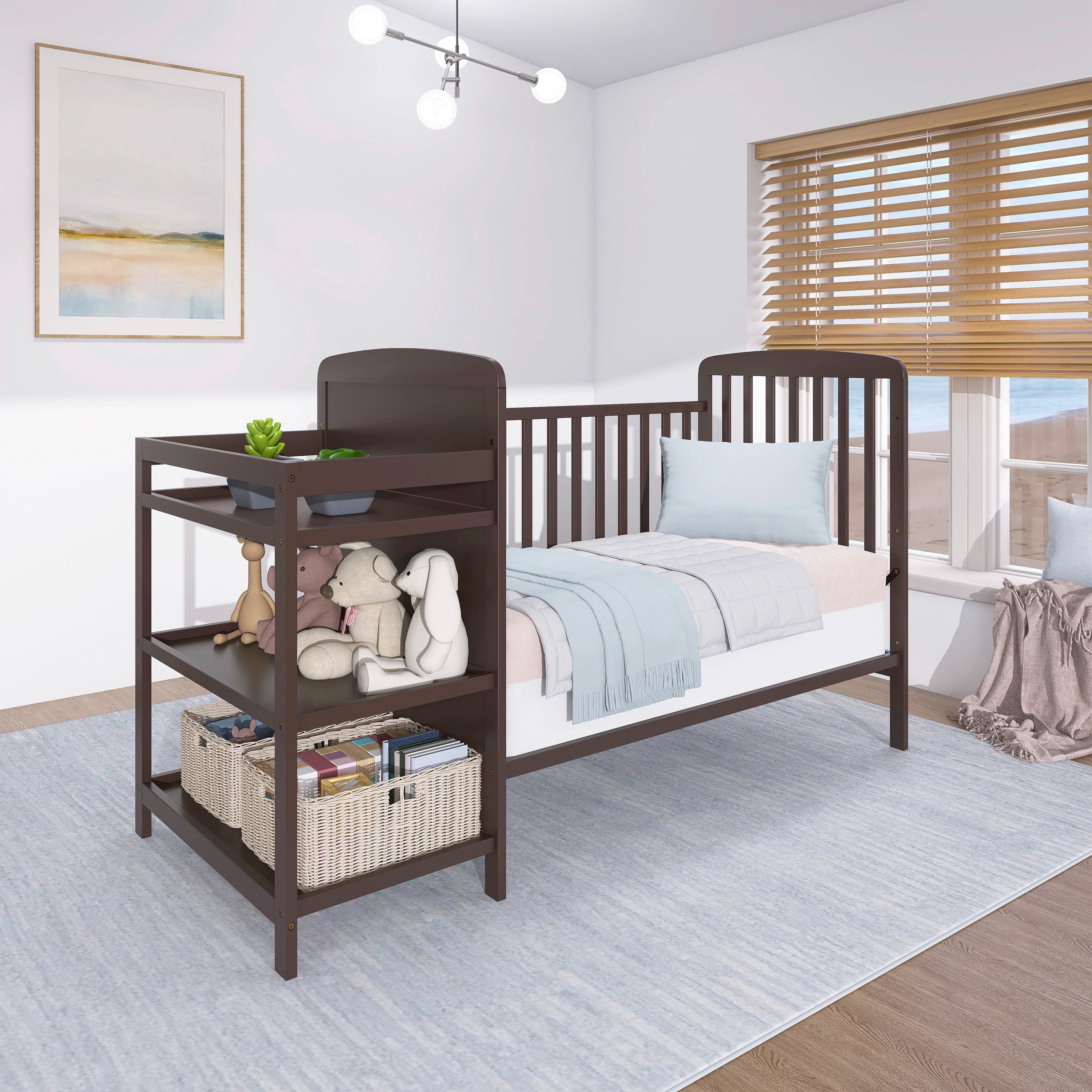Dream On Me Anna 3-in-1 Convertible Crib with Changing Table Chocolate, Changing Pad Included Converts from Baby Crib to Toddler Bed, Day Bed and Kids Sofa, Three Adjustable Mattress Height Positions