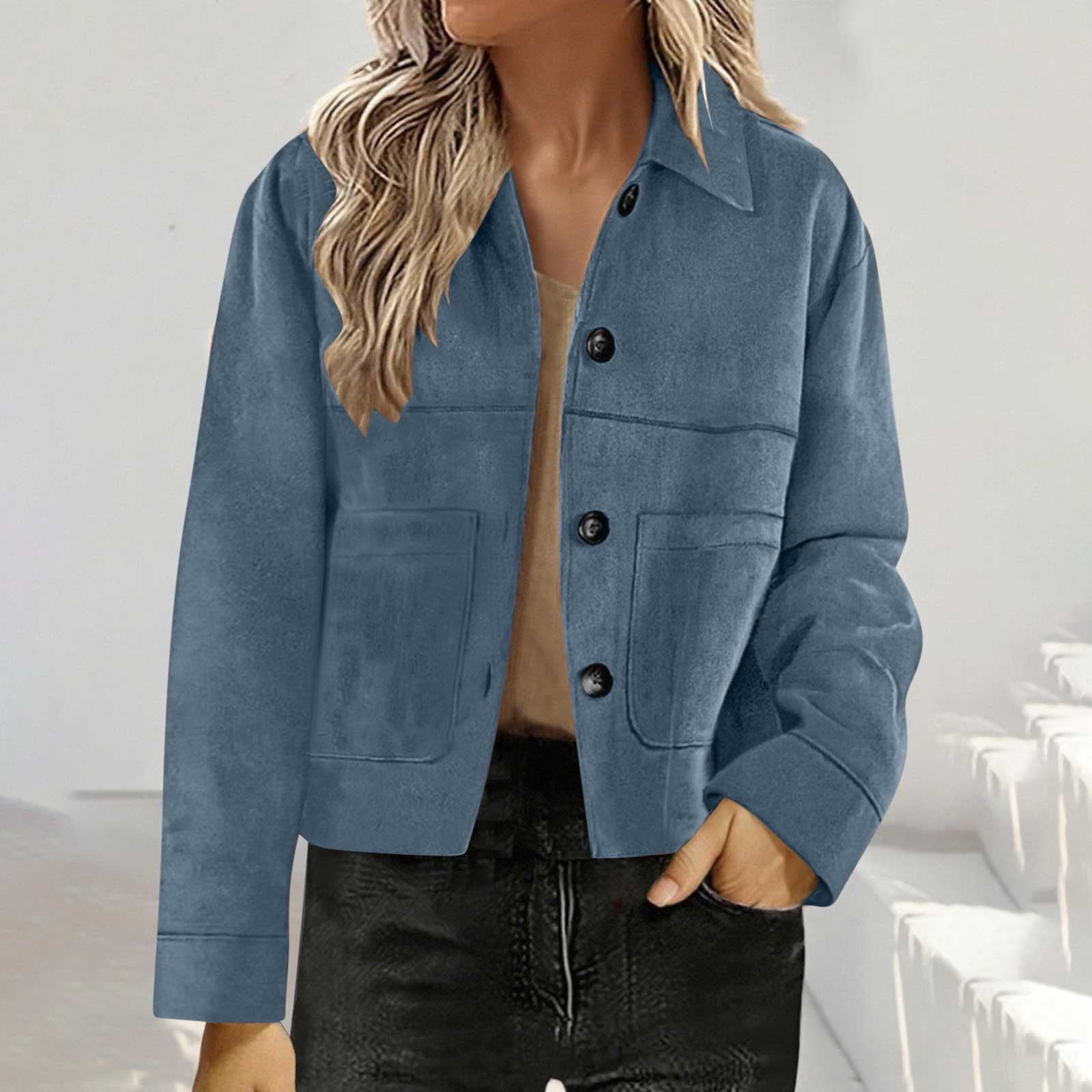 TKLPEHG Suede Jacket for Women Fall Winter Y2k Faux Leather Open Front Coat Long Sleeve Outwear Blazer Jackets (Light Blue_Z,L)