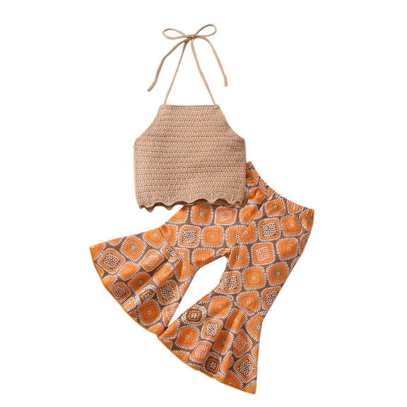 LMLYSoH Baby Girls Summer Outfits Summer Sleeveless Halterneck Tops and Geometric Print Casual Flared Pants Set