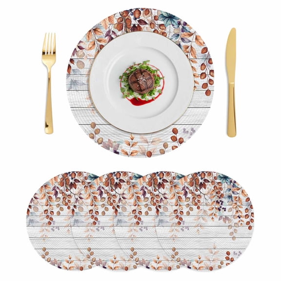 Orange Brown Eucalyptus Leaves Round 13 Inch Placemats Set of 4, Botanical Farm Rustic Wood HeatResistant Non Slip Place Mats for Dining Table, Wipeable Braided Kitchen Table Mats for Housewarming