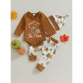 thumbnail image 2 of Wassery Baby Boy 3Pcs Halloween Outfits Long Sleeve Letter Print Romper Tops+ Pumpkin Print Pants + Hat Set 3 6 12 18 Months Infant Boy Fall Clothes, 2 of 7