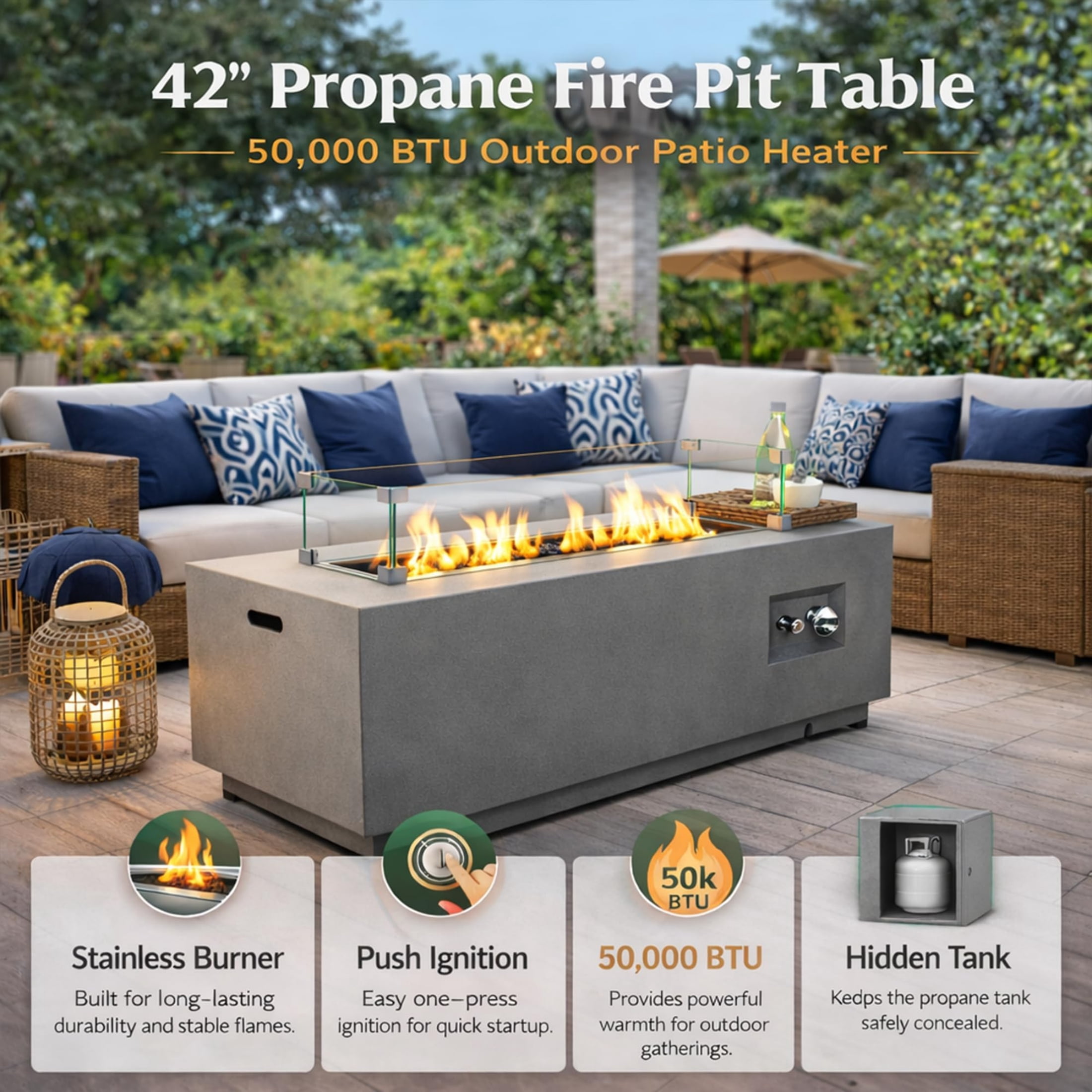 Chicdaze 42" Outdoor Propane Fire Pit Table, 50,000 BTU Rectangle Natural Gas Firepit with Tank Table, No Assembly Low Profile Fire Table for Outside Patio & Backyard, CSA Certified