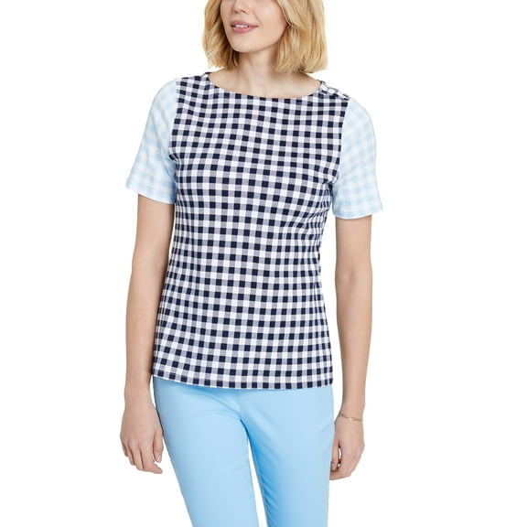MSRP $20 Charter Club Womens Cotton Gingham Boat-Neck T-Shirt Blue Size Large