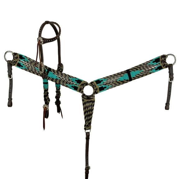 Showman Teal, Tan & Black Corded Mohair Single Ear Headstall & Breast Collar Set