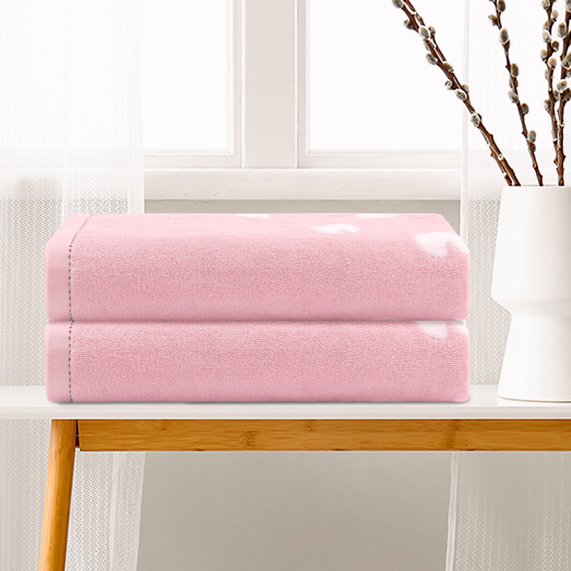Unique Bargains 100% Cotton 2 Pack Solid Bath Towels Quick Dry and Absorbent Pink Sheep