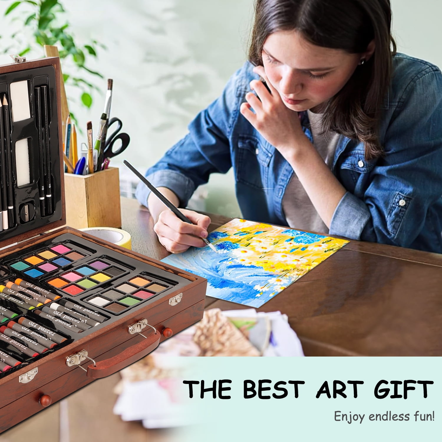 Xueyu All in One 140 PCS Wooden Art Supplies Set with Drawer, Unleash Your Creativity with a Diverse Array of Premium Tools, Including Brushes, Crayons and Watercolors for Every Artistic Endeavor