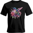 thumbnail image 1 of Camisetas gráficas informales de manga corta con diseño de colibrí y flores de jardín para hombre, 1 of 8
