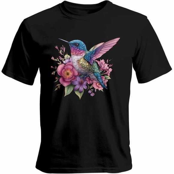 Camisetas gráficas informales de manga corta con diseño de colibrí y flores de jardín para hombre
