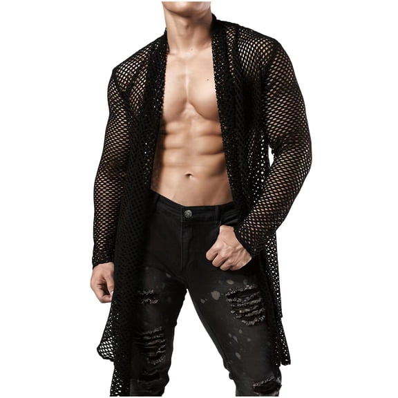 Hinvhai Men's Fishnet Sheer Cardigan T-Shirt Ruffle Shawl Collar Long Sleeves High Low Hem Drape Shawl Tops Black 10(XL)