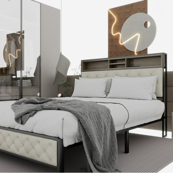 Uforic Beige Queen Bed Frame with Charging Station, Upholstered Storage Headboard & Footboard, Metal Slats Support, No Box Spring Needed