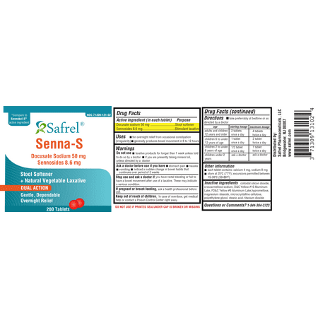 Safrel Senna-S Dual Action Natural Stool Softener & Laxative (200 Tablets) | Relieves Constipation, Gas, Bloating | Gentle on Upset Stomach | Safe Digestive Support (Generic Senokot-S) | Value Pack